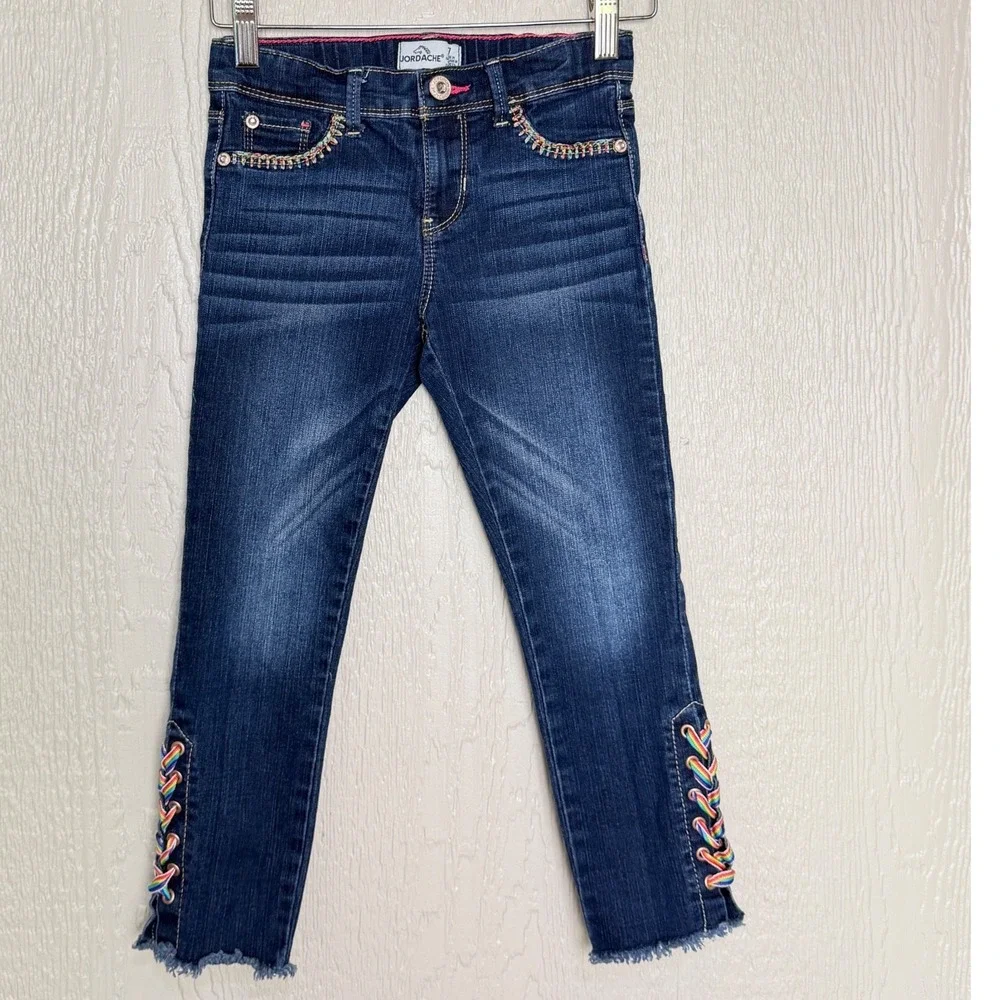 Jordache Girls Dark Wash Festive Rainbow Lace Up Frayed Hem Skinny Jeans Size 7